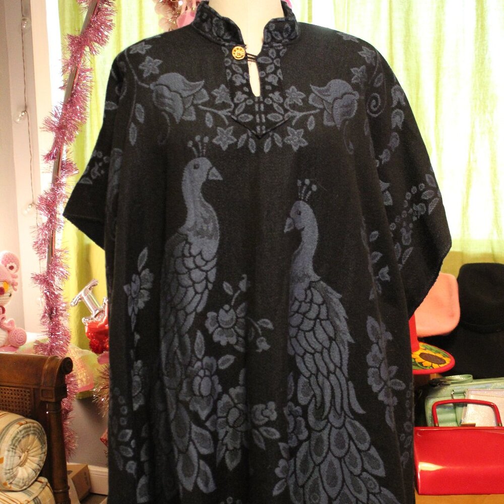 Gorgeous Mexican Poncho with Intricate Blue Peacock Motifs